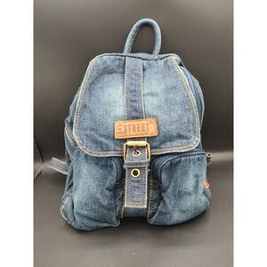 E Street Vintage Blue Denim Backpack Floral Lining Adjustable Straps Brass Buckl